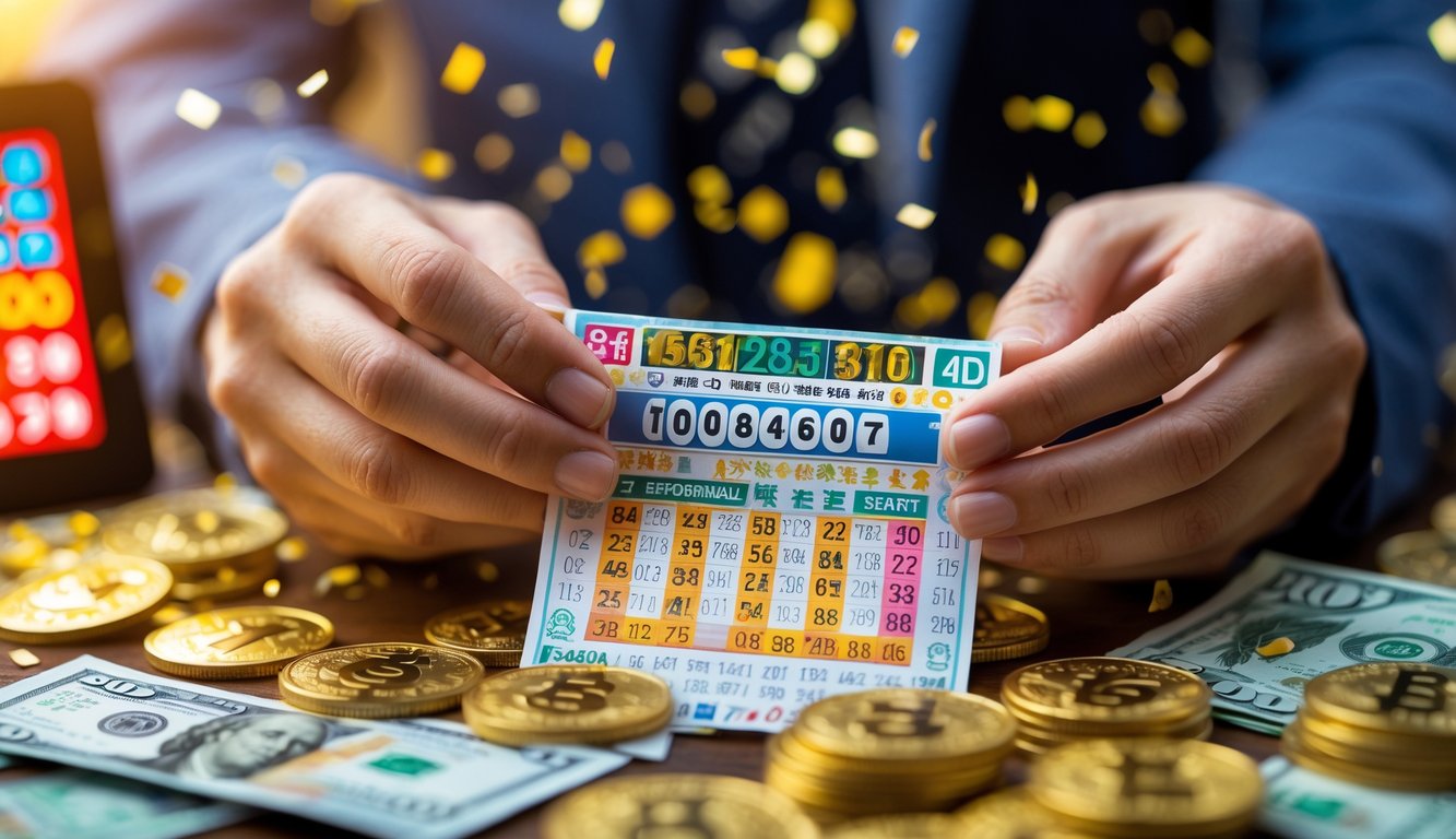 Tangan memegang tiket lotre berwarna dengan koin emas dan uang kertas di sekitar, menggambarkan hadiah besar lotre 4D.
