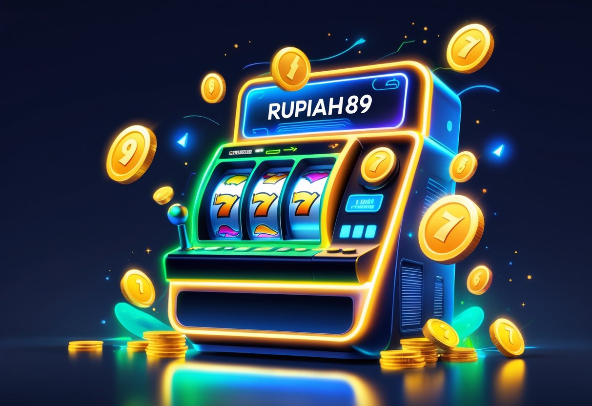 Ilustrasi mesin slot digital yang menyala dengan latar belakang gelap dan jam yang menunjukkan waktu malam hari.