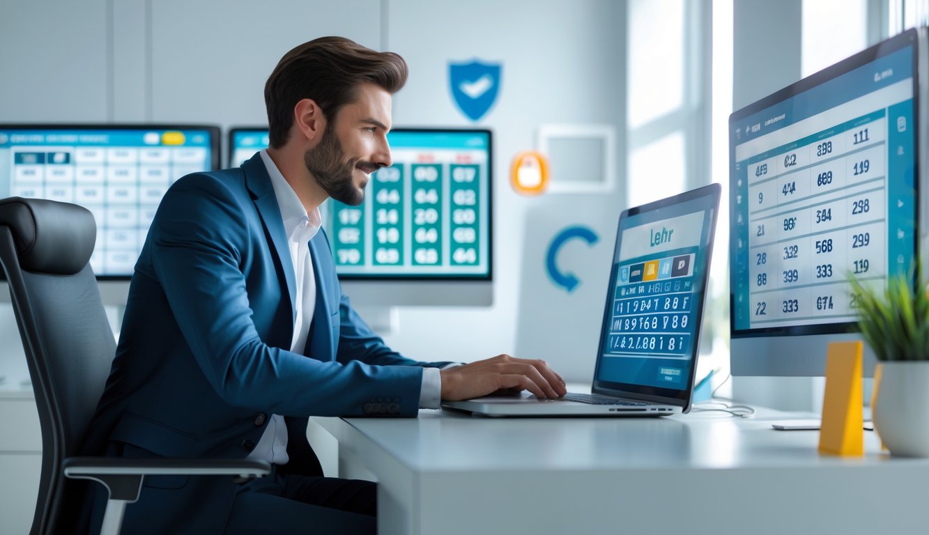 Seseorang yang percaya diri menggunakan laptop di meja kerja dengan layar digital menampilkan angka lotere dan simbol keamanan.