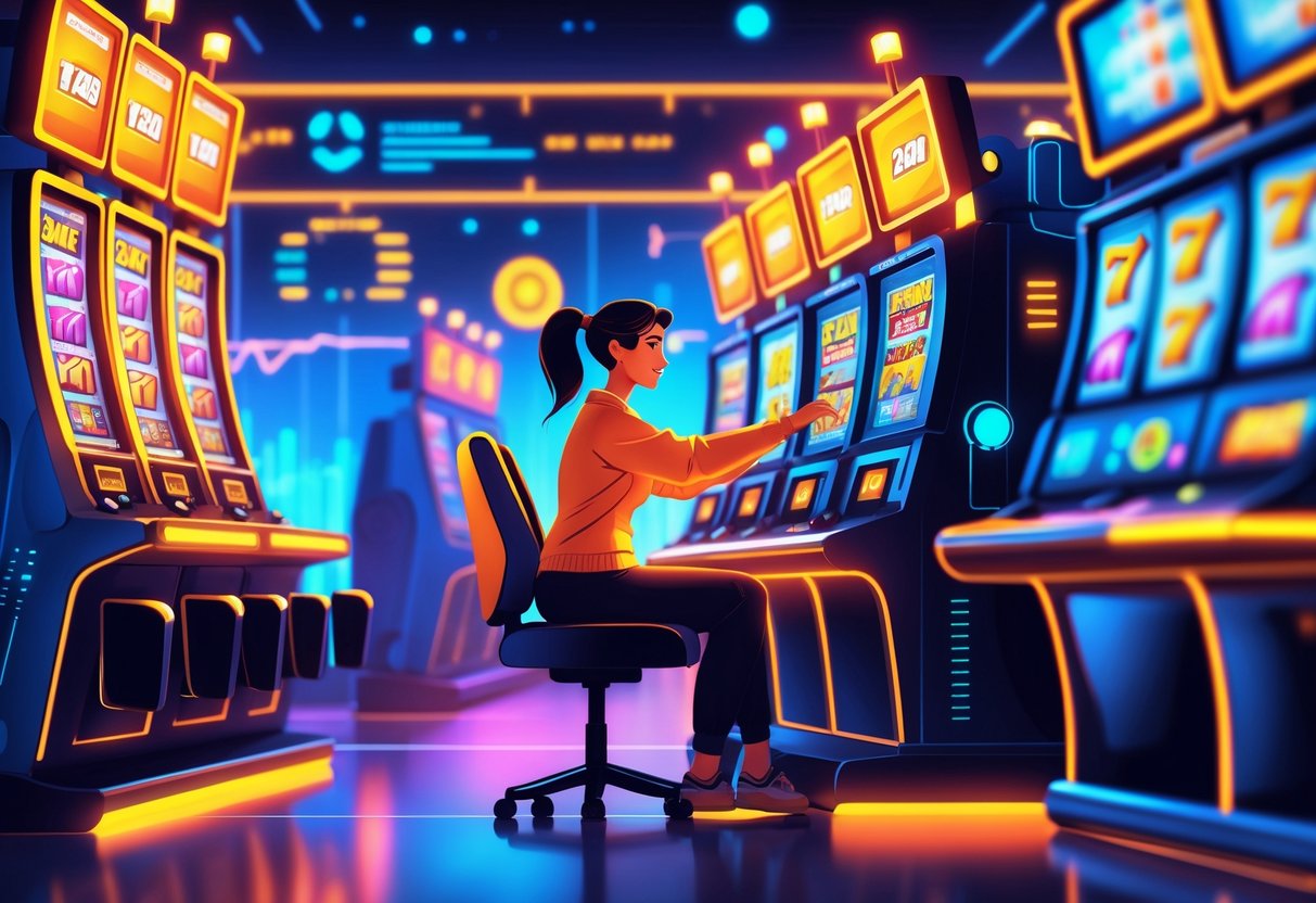 Seorang pemain sedang bermain mesin slot di kasino digital dengan pencahayaan hangat dan latar belakang elemen digital yang menunjukkan waktu dan strategi.