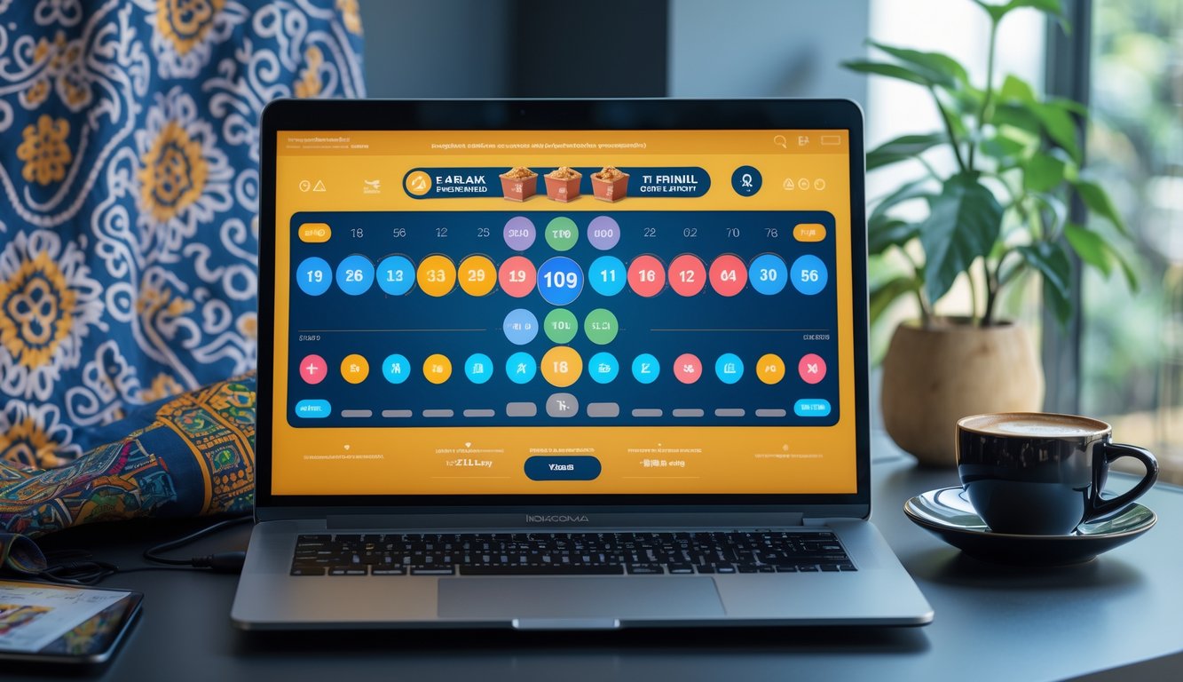 Seorang profesional bekerja dengan laptop yang menampilkan antarmuka lotere digital di meja dengan pola batik dan secangkir kopi.