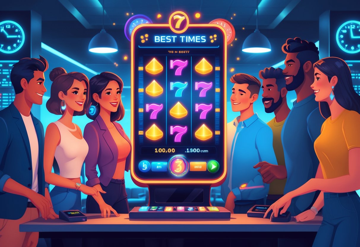 Sekelompok orang sedang bermain mesin slot digital di ruang permainan modern dengan suasana fokus dan penuh semangat.