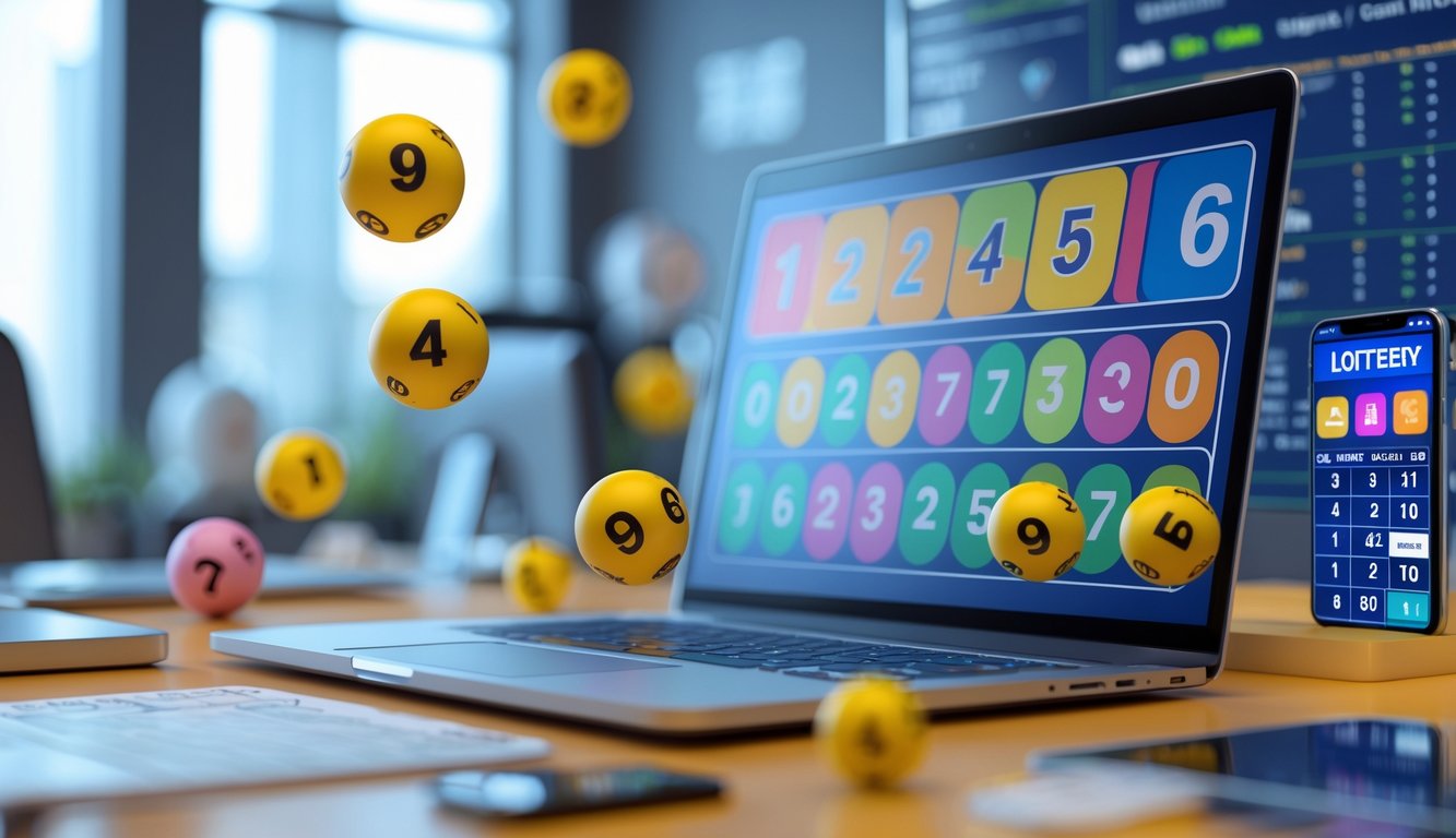 Suasana ruang kerja modern dengan laptop menampilkan angka dan bola lotre, menggambarkan permainan togel online 4D.