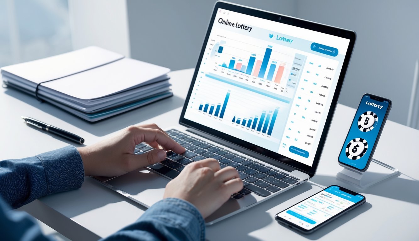 Seorang pria sedang menganalisis data togel online di laptop di meja kerja yang rapi.