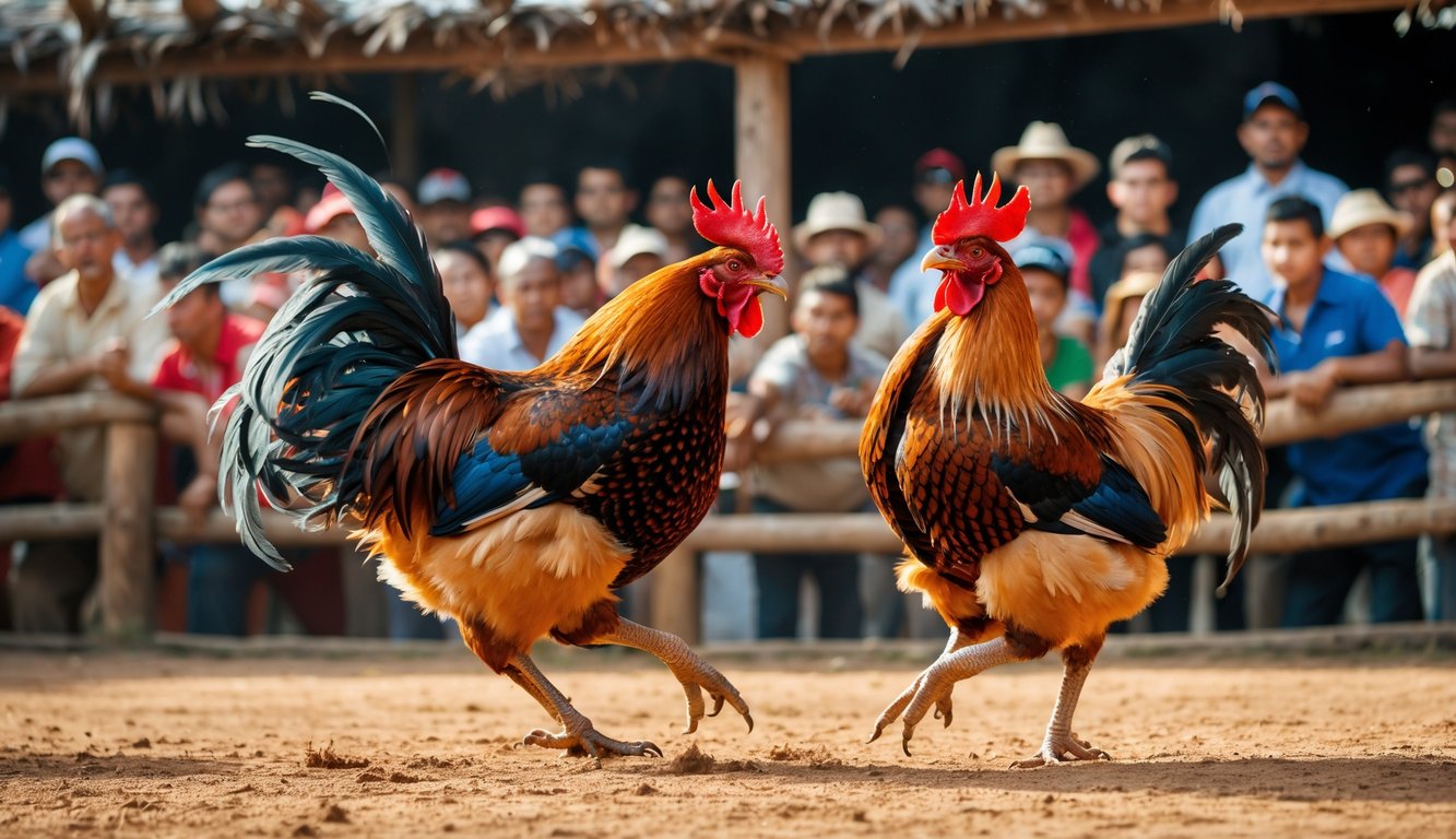 Dua ayam jago sedang bertarung di arena dengan kerumunan penonton yang antusias di sekitarnya.