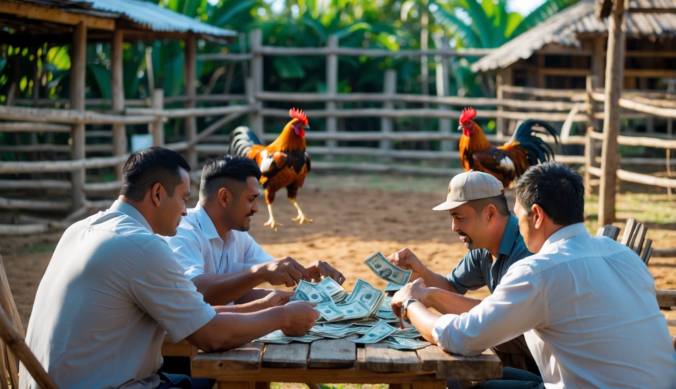 Sekelompok pria sedang melakukan transaksi uang dengan cepat di dekat arena sabung ayam di luar ruangan.