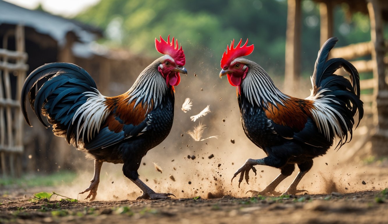 Dua ayam jantan sedang bertarung di luar ruangan dengan latar belakang alam dan pagar kayu.