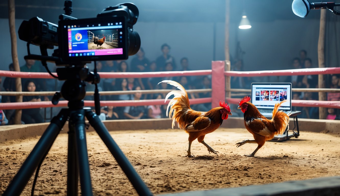 Dua ayam aduan sedang bertarung di arena dengan kamera dan peralatan streaming di sekitarnya.