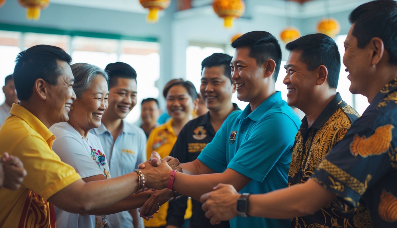 Sekelompok orang sedang menyambut anggota baru dalam suasana hangat dan ramah di sebuah ruangan dengan dekorasi tradisional Indonesia.