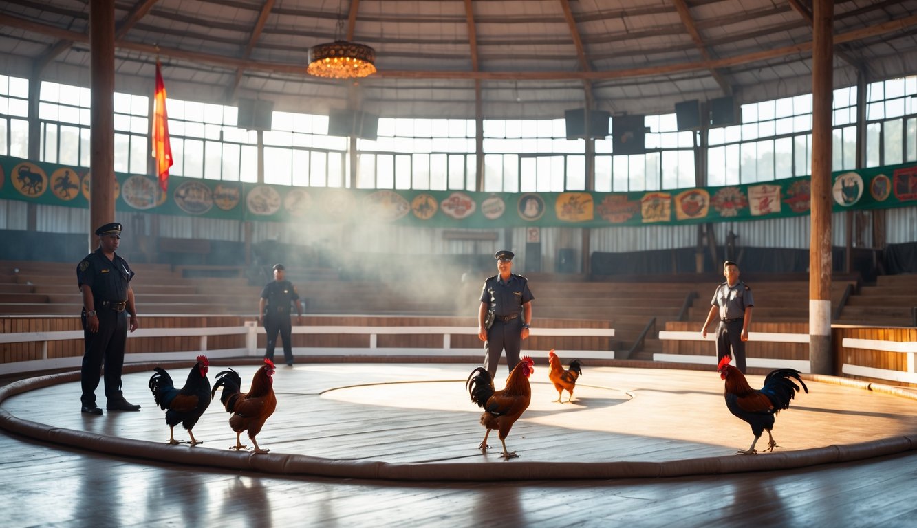 Arena sabung ayam dalam ruangan yang bersih dan aman dengan beberapa penonton dan petugas keamanan.