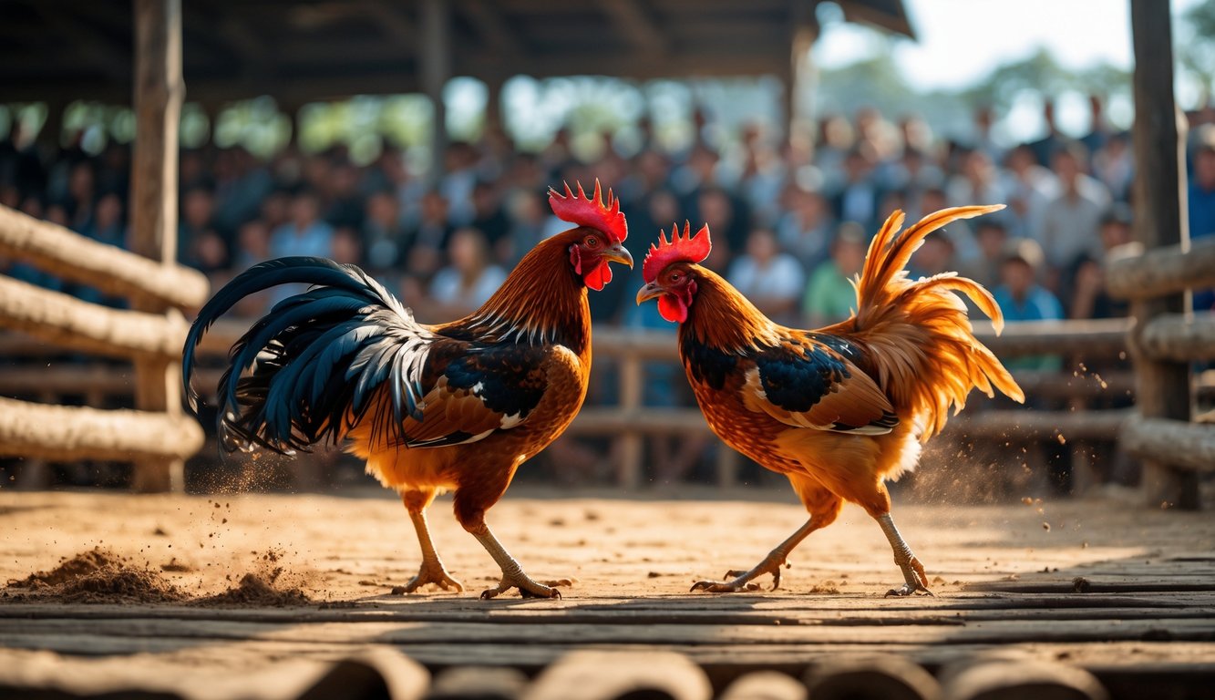 Dua ayam jago sedang bertarung di arena kayu dengan penonton di latar belakang.