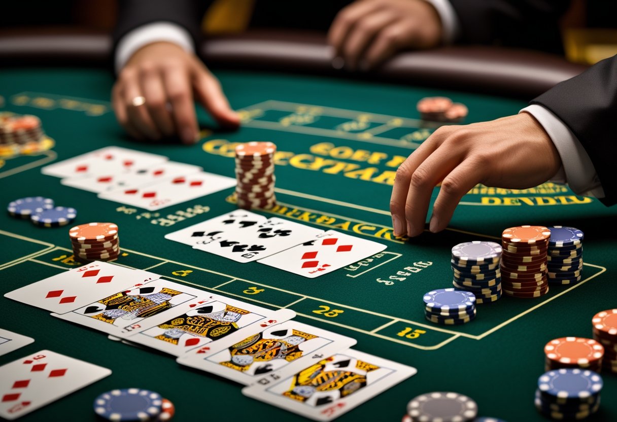 A blackjack table with playing cards, poker chips, and a dealer's hand ready to deal cards.