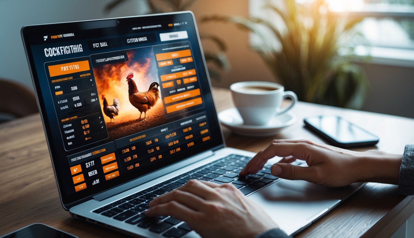 Seseorang menggunakan laptop di meja kerja dengan tampilan situs taruhan sabung ayam online di layar.