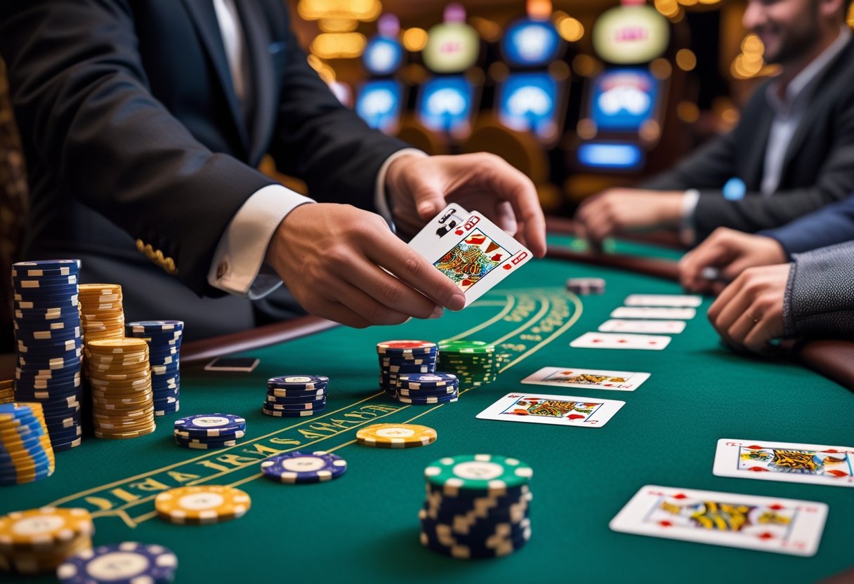 A blackjack table with playing cards, poker chips, and a dealer dealing cards to players in a casino setting.