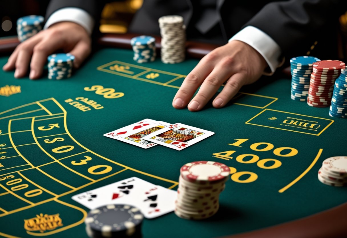 A blackjack table with green felt, playing cards, and poker chips arranged for a game in a casino setting.