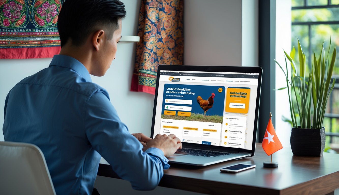 Seorang pria menggunakan laptop dan ponsel di meja kerja dengan dekorasi batik dan bendera kecil Indonesia di latar belakang.