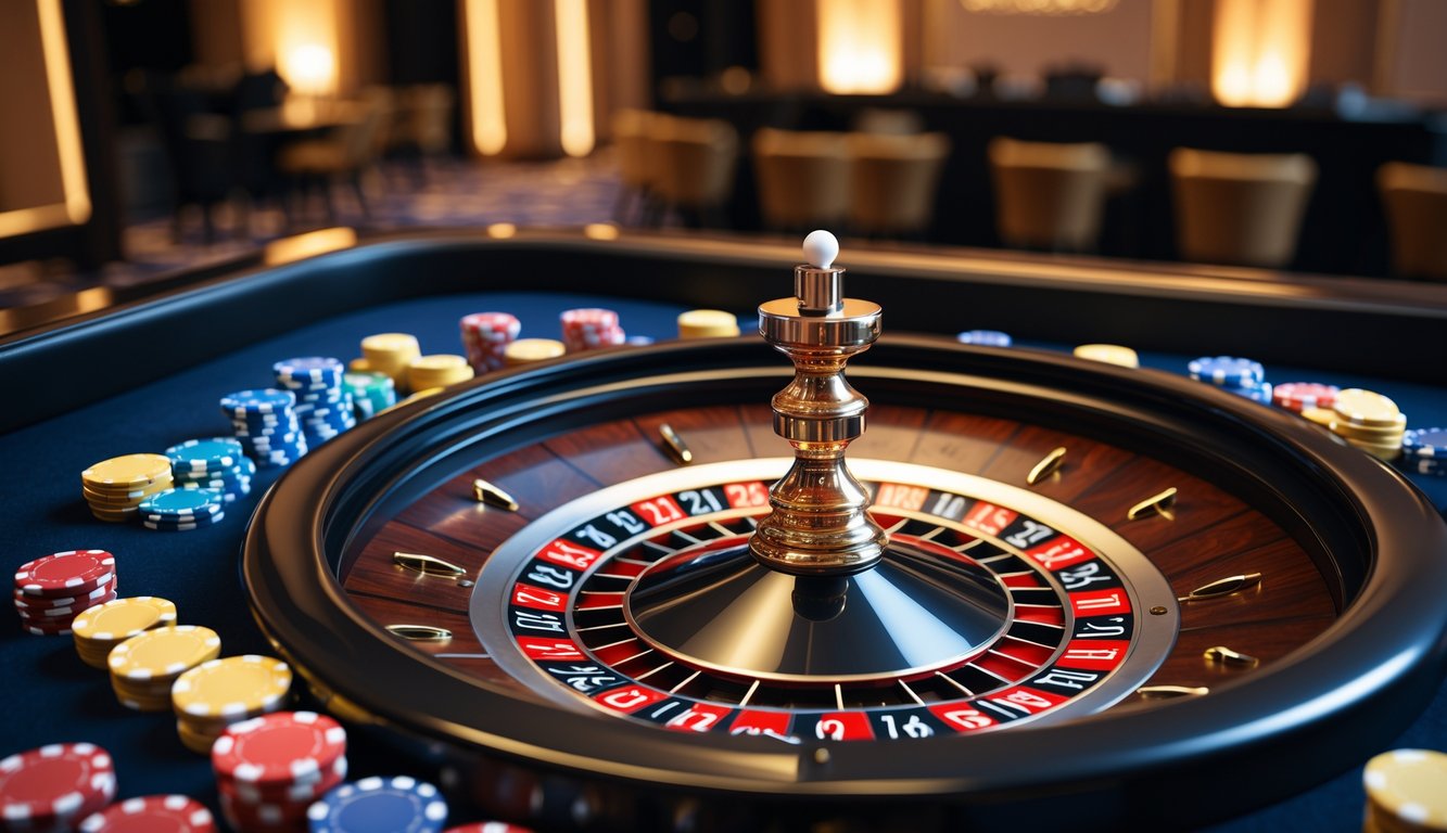 Meja roulette kasino mewah dengan roda roulette dan chip taruhan berwarna-warni.