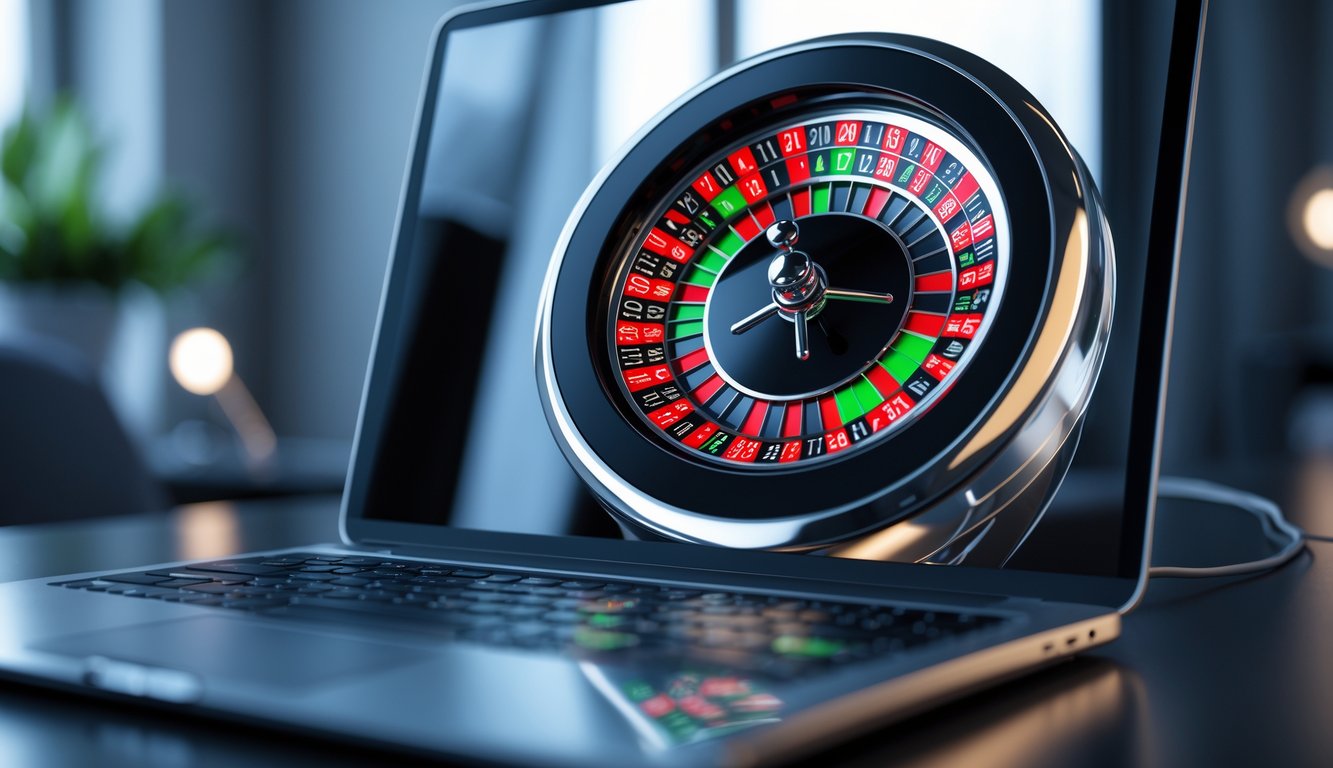 Layar komputer menampilkan permainan roulette online dengan roda roulette digital dan bola yang sedang berputar.