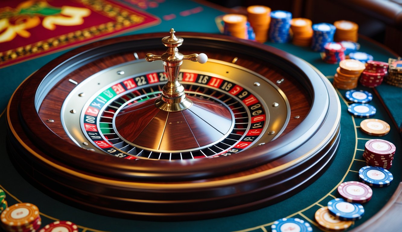 Meja roulette kasino dengan roda roulette dan chip taruhan di lingkungan kasino yang elegan dengan elemen budaya Indonesia.