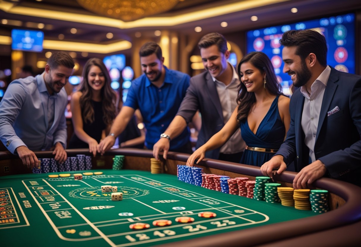 A group of people playing craps at a casino table with chips and dice in a lively casino setting.