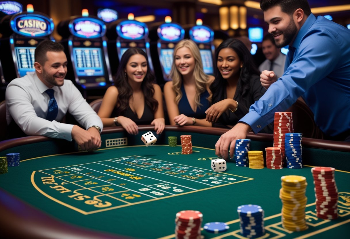 A group of people playing craps at a casino table with dice in mid-air and chips on the felt.