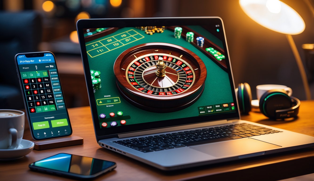 Layar laptop menampilkan permainan roulette online dengan roda roulette berwarna merah, hitam, dan hijau, diletakkan di atas meja kayu dengan pencahayaan hangat.