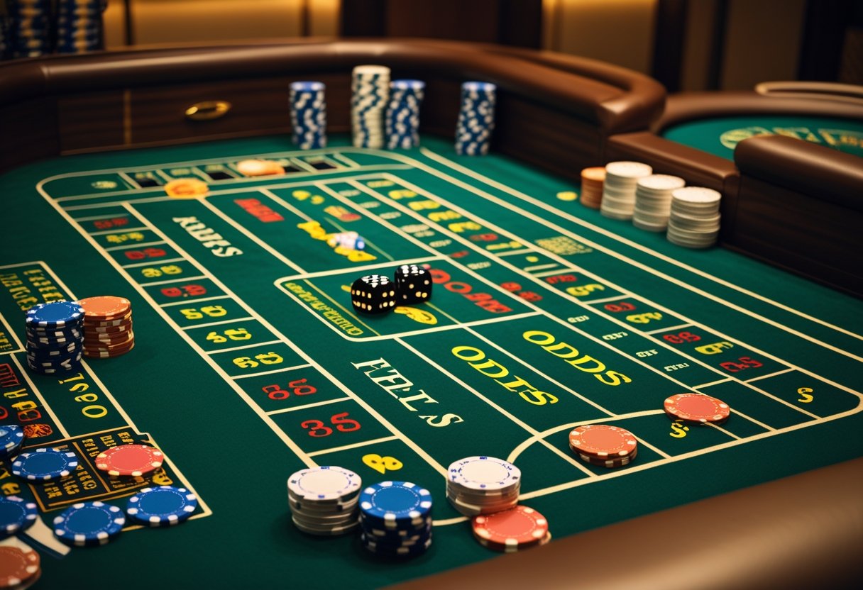 A craps table layout with betting areas, colorful chips, and dice in a casino setting.