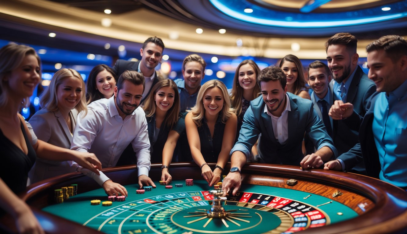 Sekelompok orang baru yang bersemangat bermain roulette di kasino dengan suasana yang hidup dan meja roulette yang berputar.