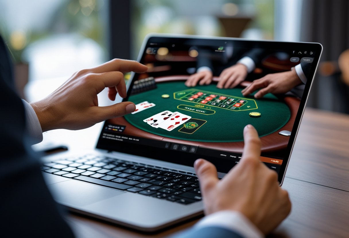 Hands interacting with a laptop showing a digital blackjack table in a home setting.
