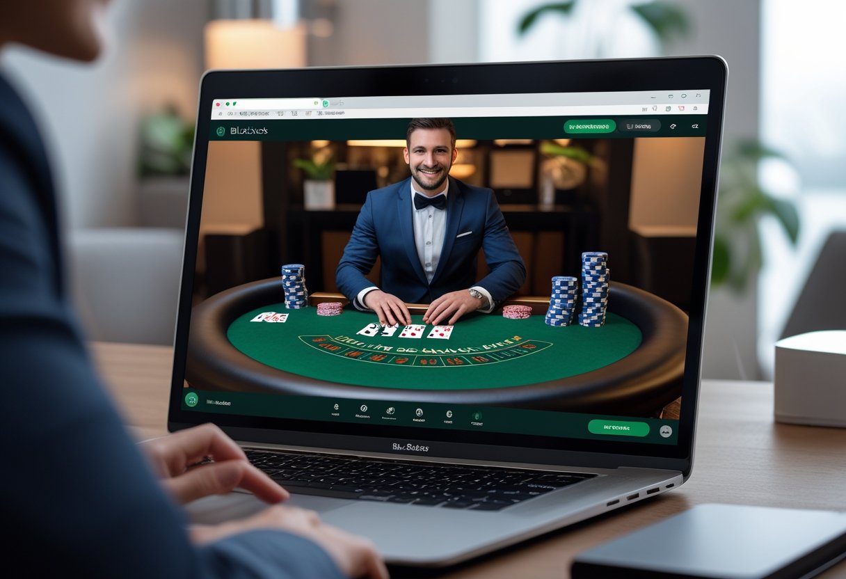 A person playing live online blackjack on a computer with a dealer visible on the screen.