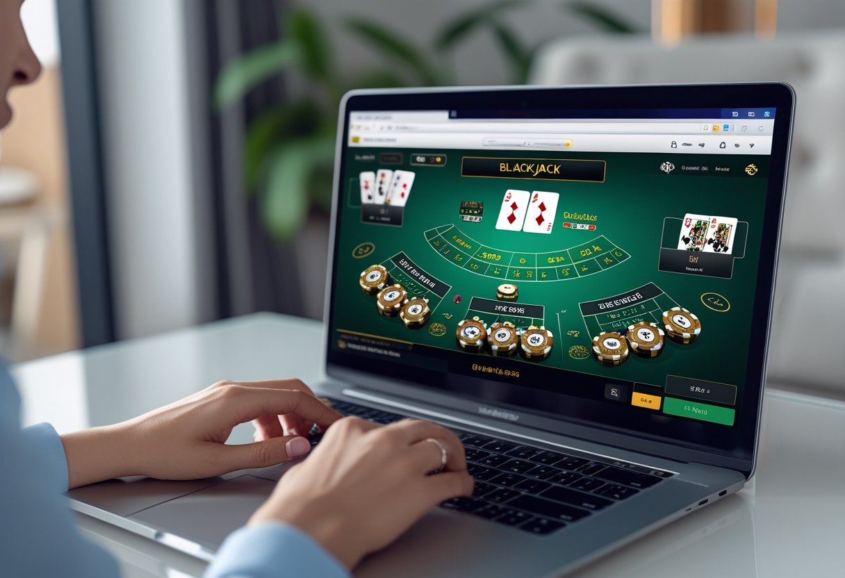 Person playing live online blackjack on a laptop with cards and chips visible on the screen.
