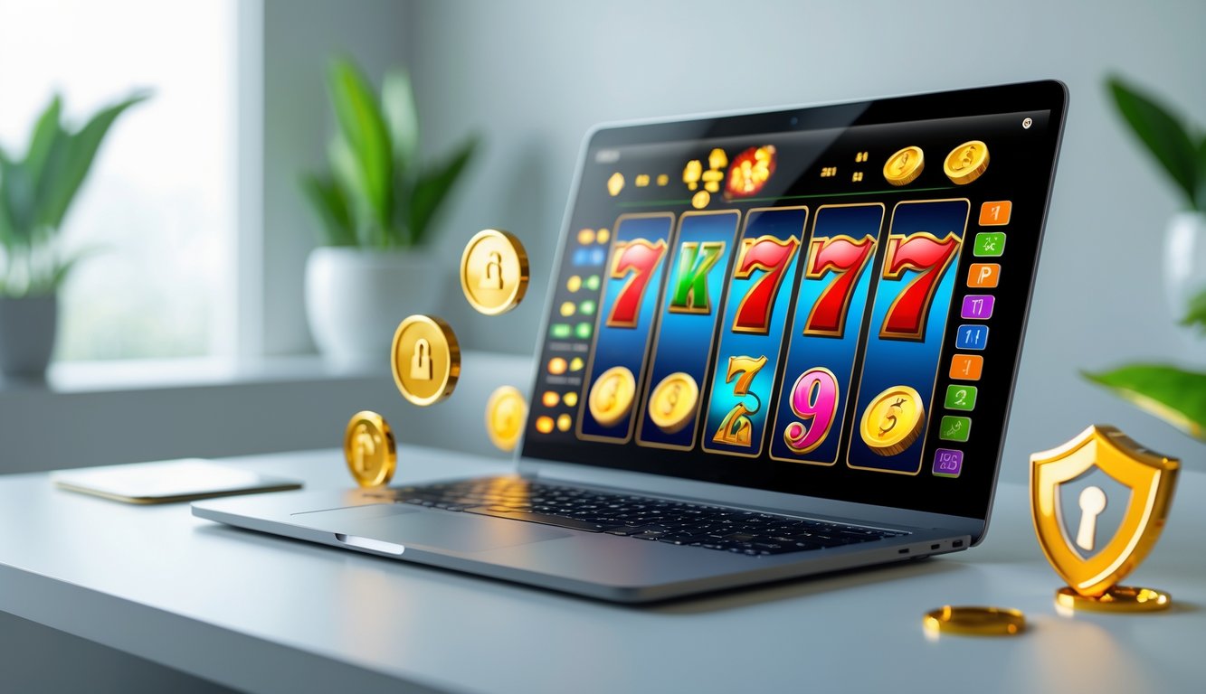 Sebuah komputer menampilkan permainan slot online dengan simbol warna-warni di layar, dikelilingi oleh elemen yang menunjukkan keamanan dan kepercayaan.
