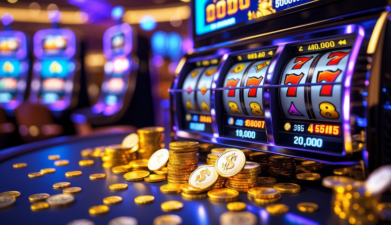 Mesin slot modern dengan koin emas dan chip yang berjatuhan, menunjukkan suasana kemenangan jackpot besar di kasino.
