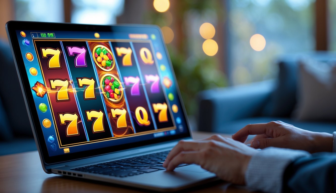 Seseorang menggunakan komputer dengan layar menampilkan permainan slot online berwarna-warni di ruangan yang nyaman.