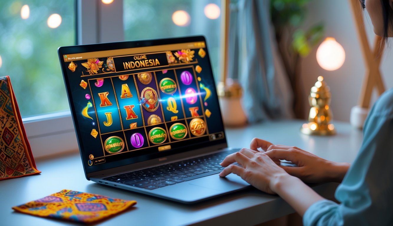 Seseorang sedang bermain permainan slot online di laptop di ruang kerja dengan dekorasi budaya Indonesia.