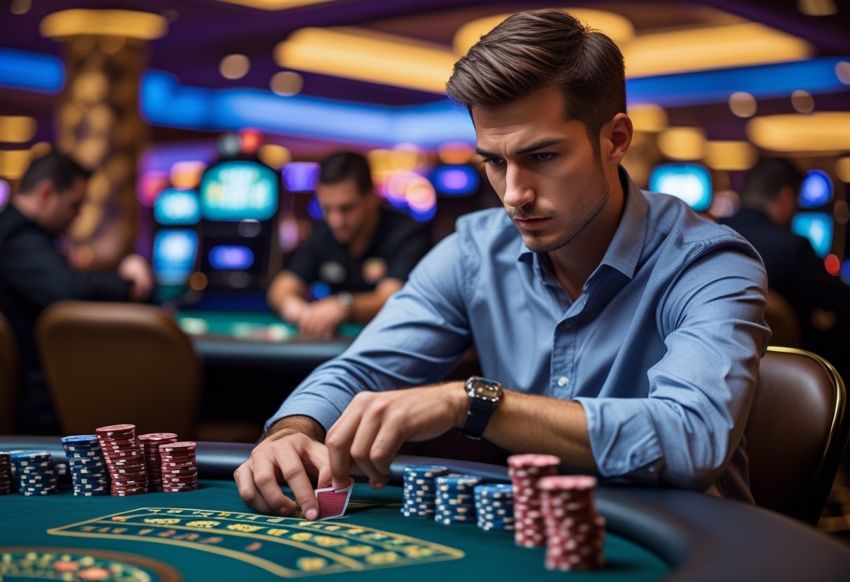 A young man concentrating at a blackjack table in a casino, counting playing cards with chips stacked in front of him and a dealer in the background.