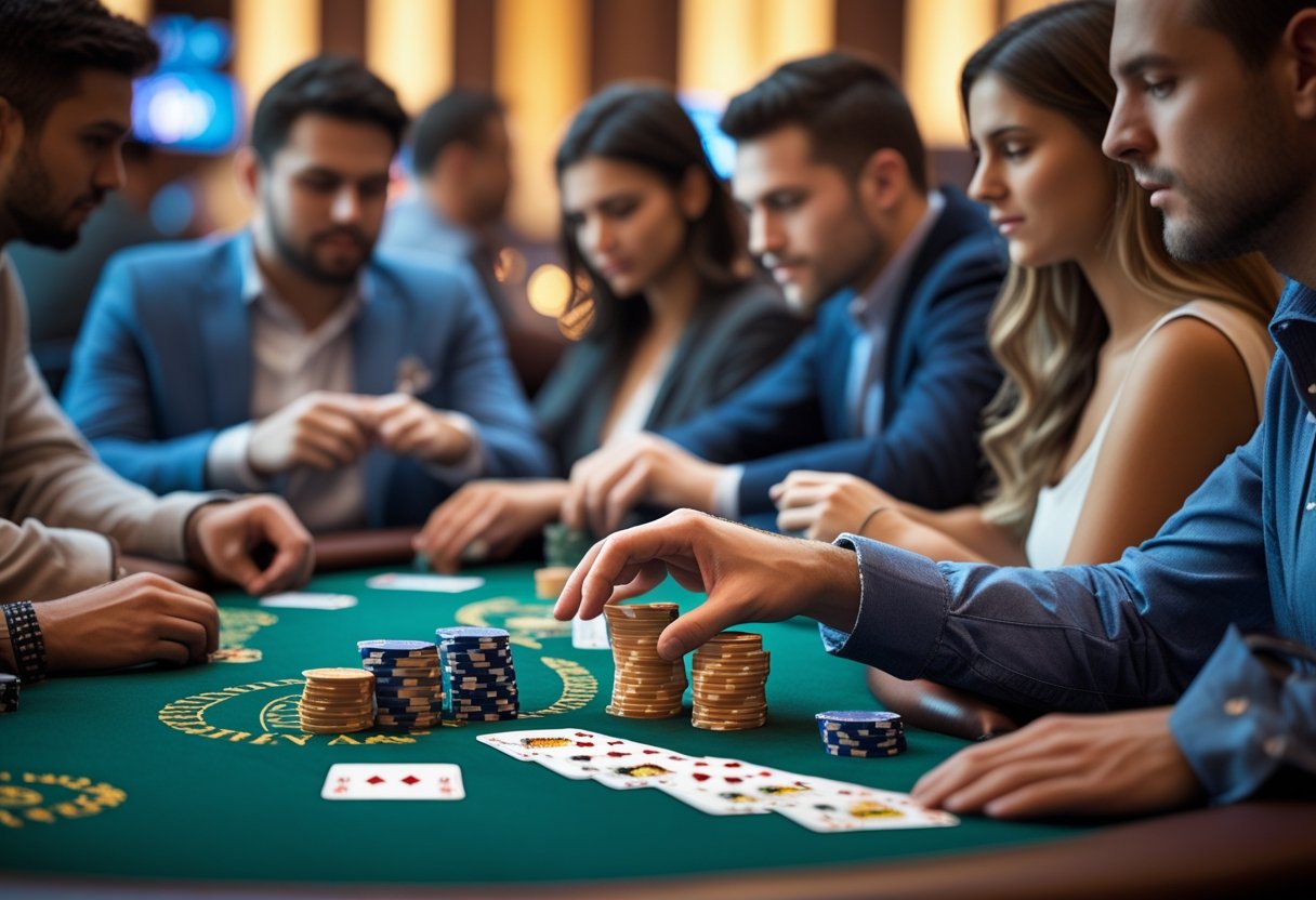 People playing blackjack at a casino table with one man concentrating on his cards and poker chips on the table.