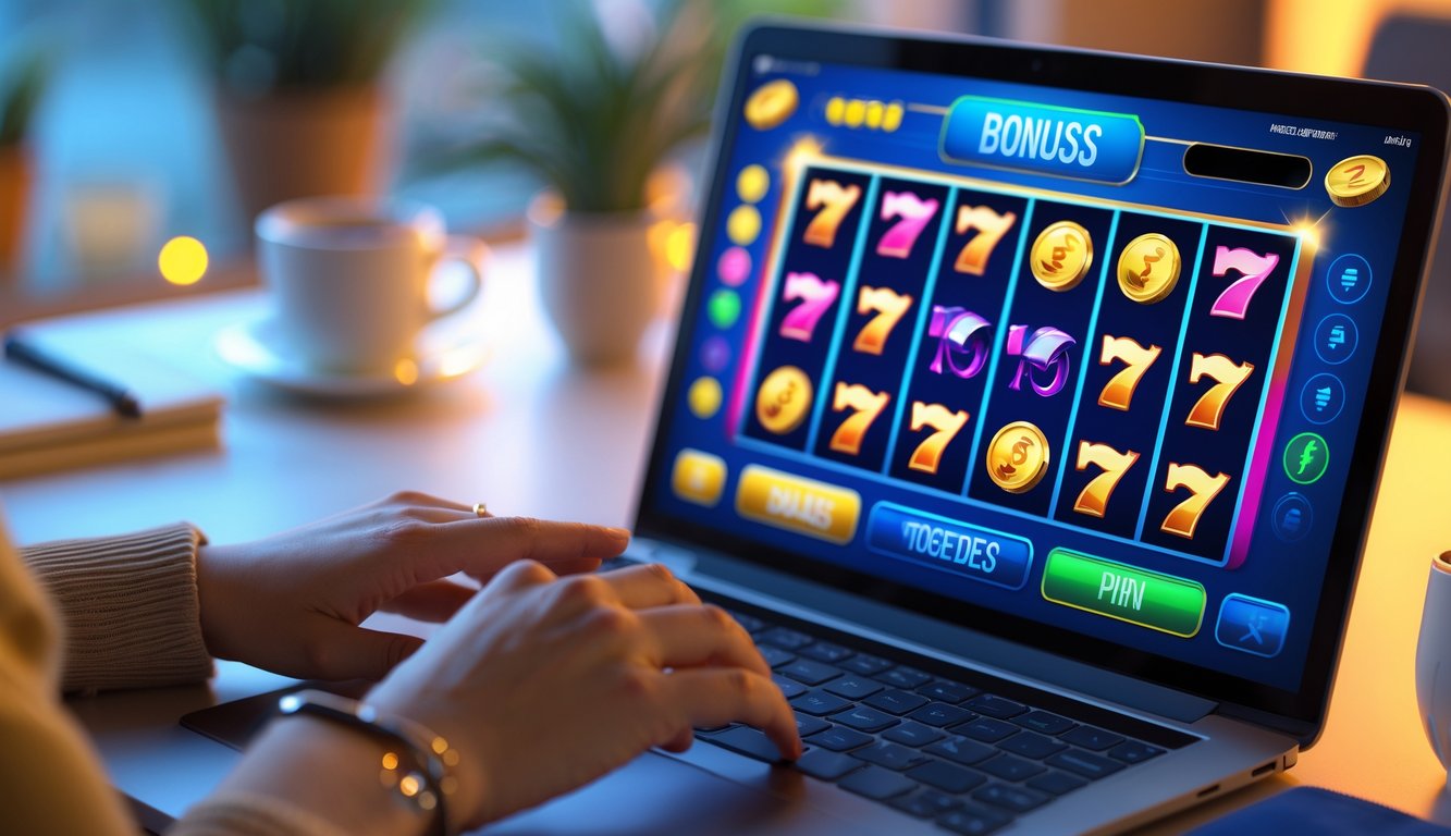 Seseorang sedang bermain permainan slot online dengan komputer di meja kerja yang rapi.