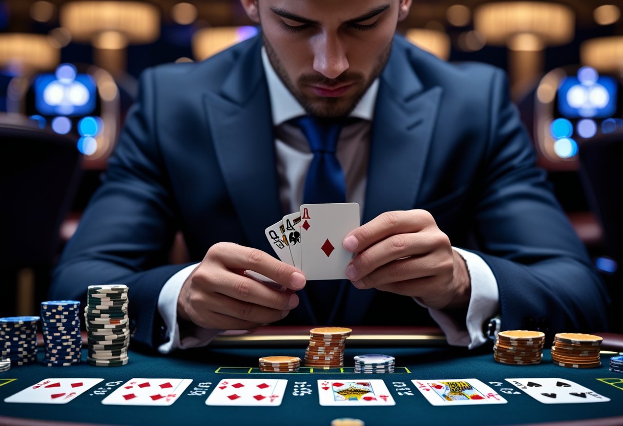 A person at a blackjack table holding playing cards and chips, concentrating on card counting strategies.