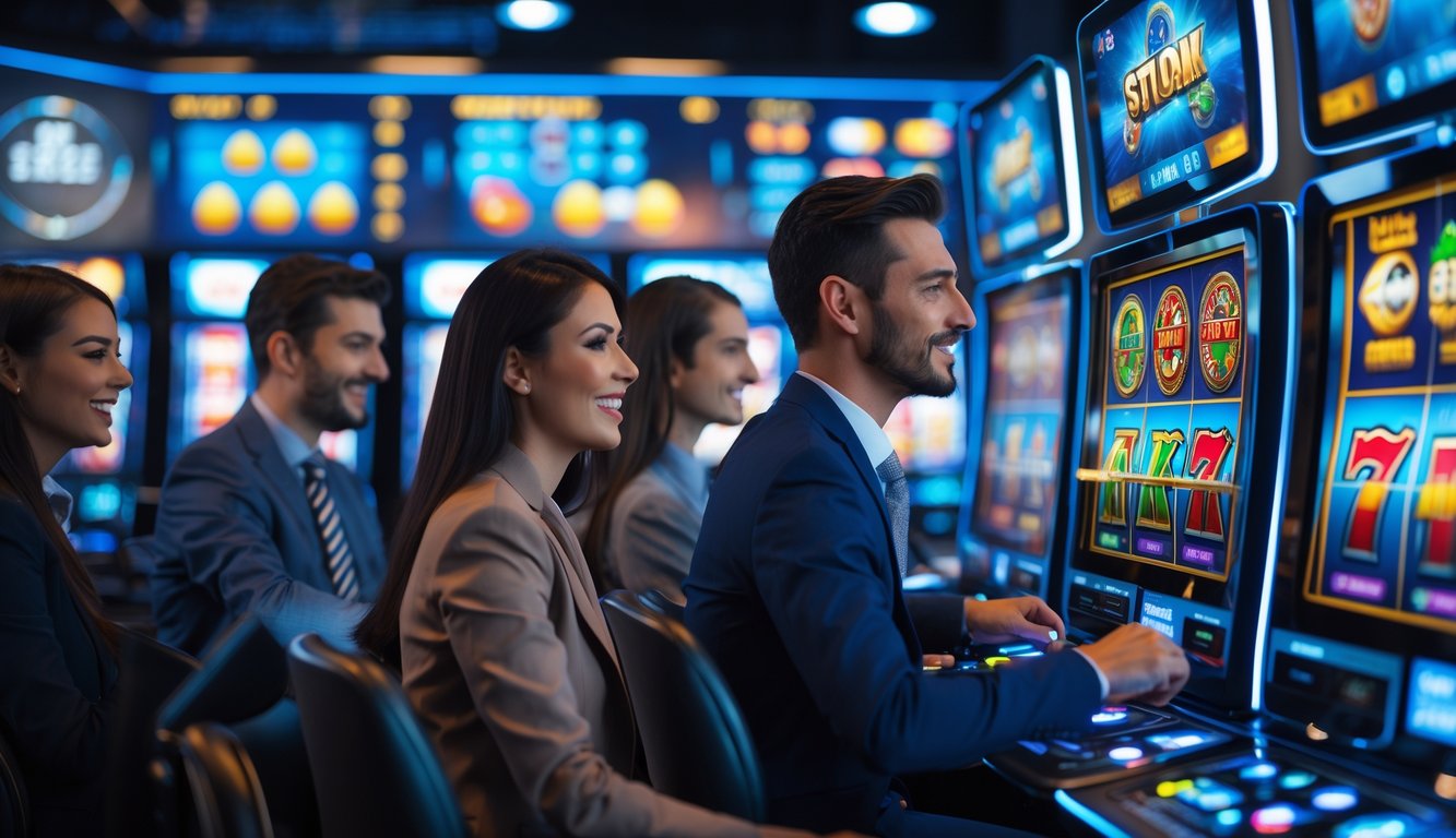 Beberapa orang sedang bermain mesin slot digital di ruangan modern yang terang dan nyaman.