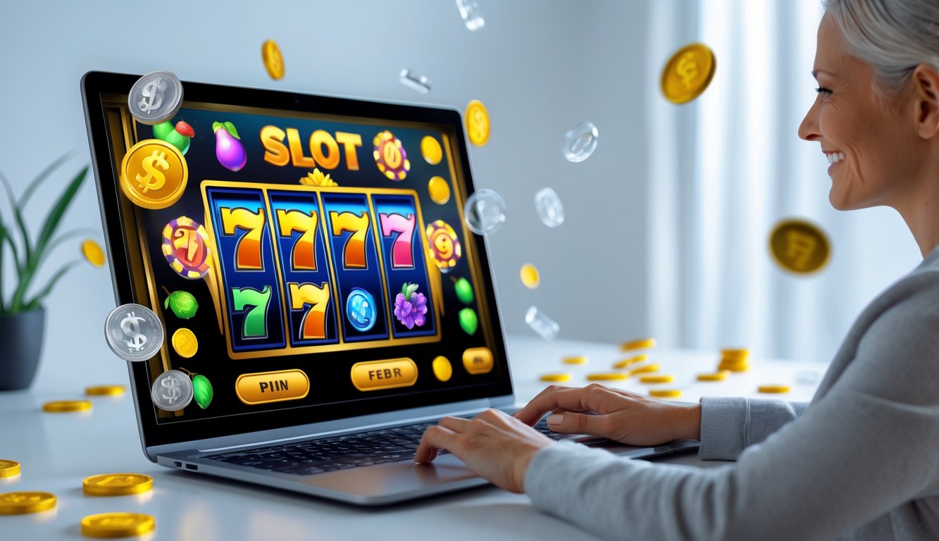 Seseorang sedang bermain permainan slot online di komputer dengan latar belakang bersih dan elemen koin digital mengelilingi layar.