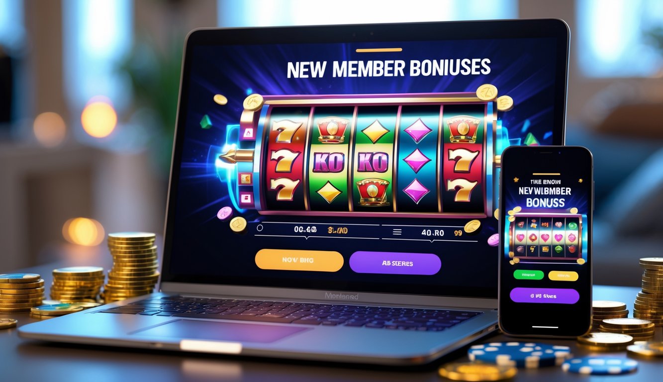 Seorang pengguna sedang bermain permainan slot online di laptop dan ponsel dengan latar belakang ruangan yang nyaman dan pencahayaan hangat.