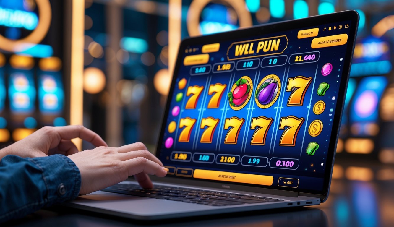 Tampilan mesin slot online di layar laptop dengan tangan yang sedang berinteraksi di touchpad.