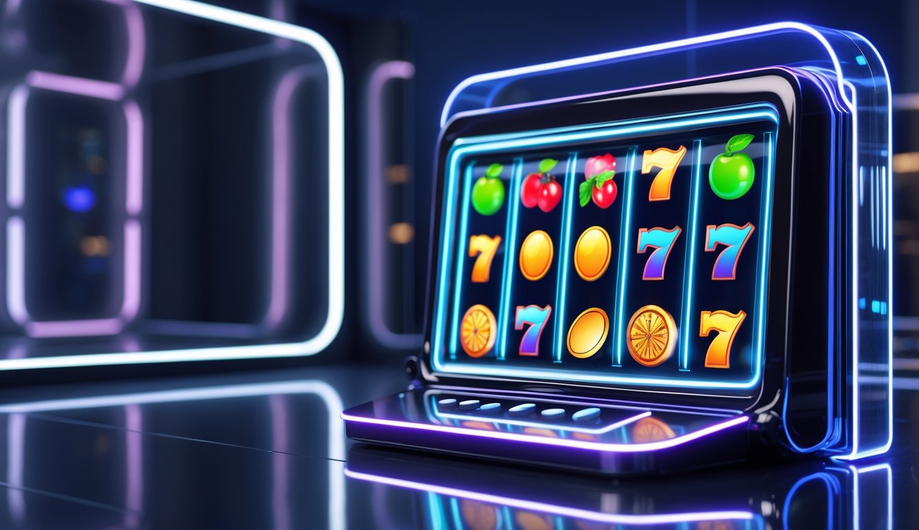 Mesin slot digital futuristik dengan simbol warna-warni di latar gelap dan pencahayaan neon.