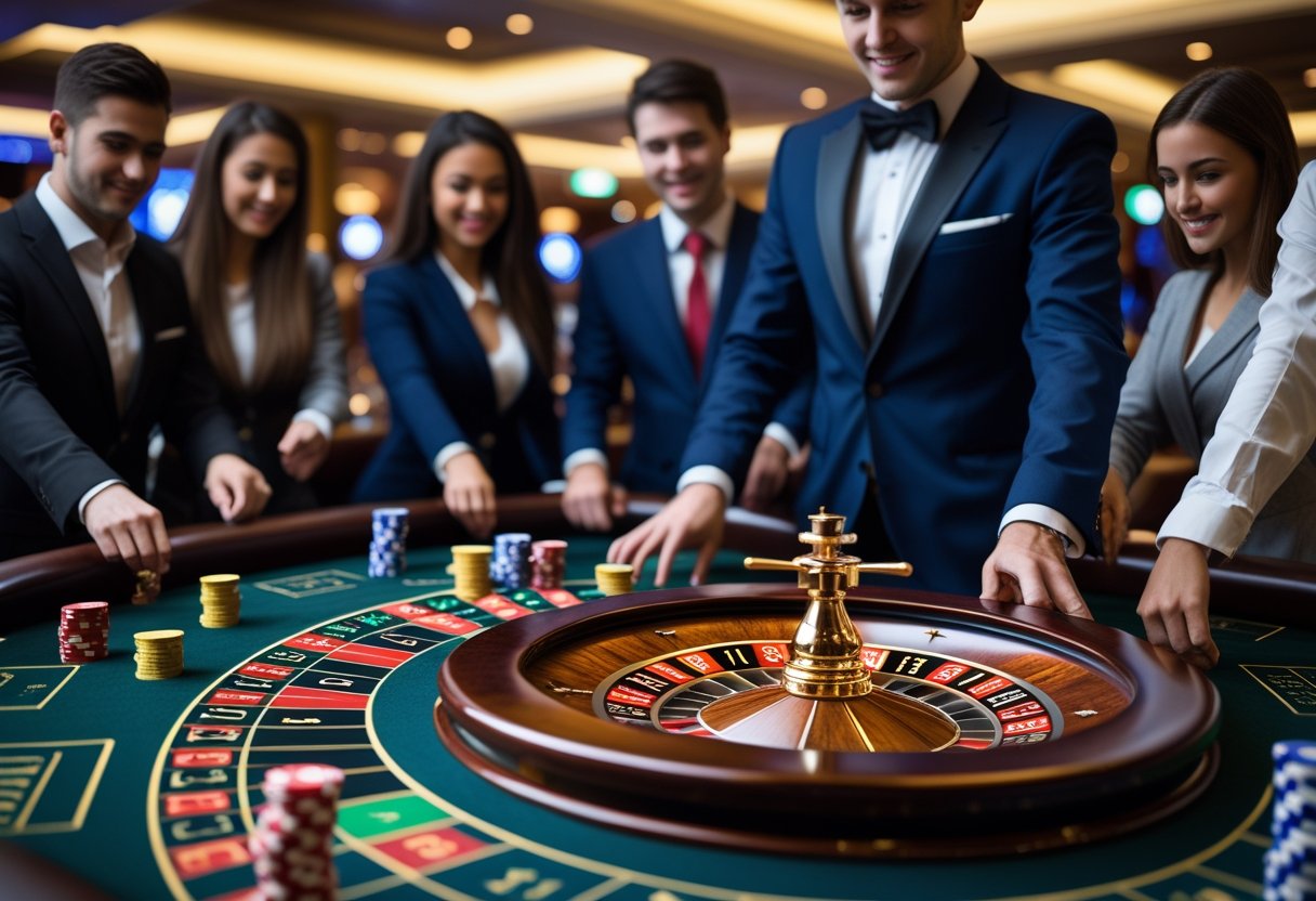 A roulette wheel spinning on a casino table with a dealer and players placing bets.