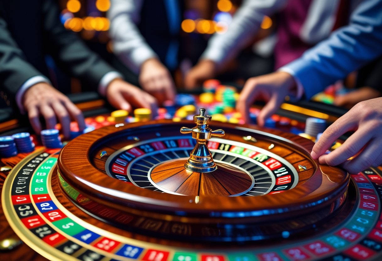 Close-up of a live roulette wheel spinning with players placing chips on the betting table in a casino setting.