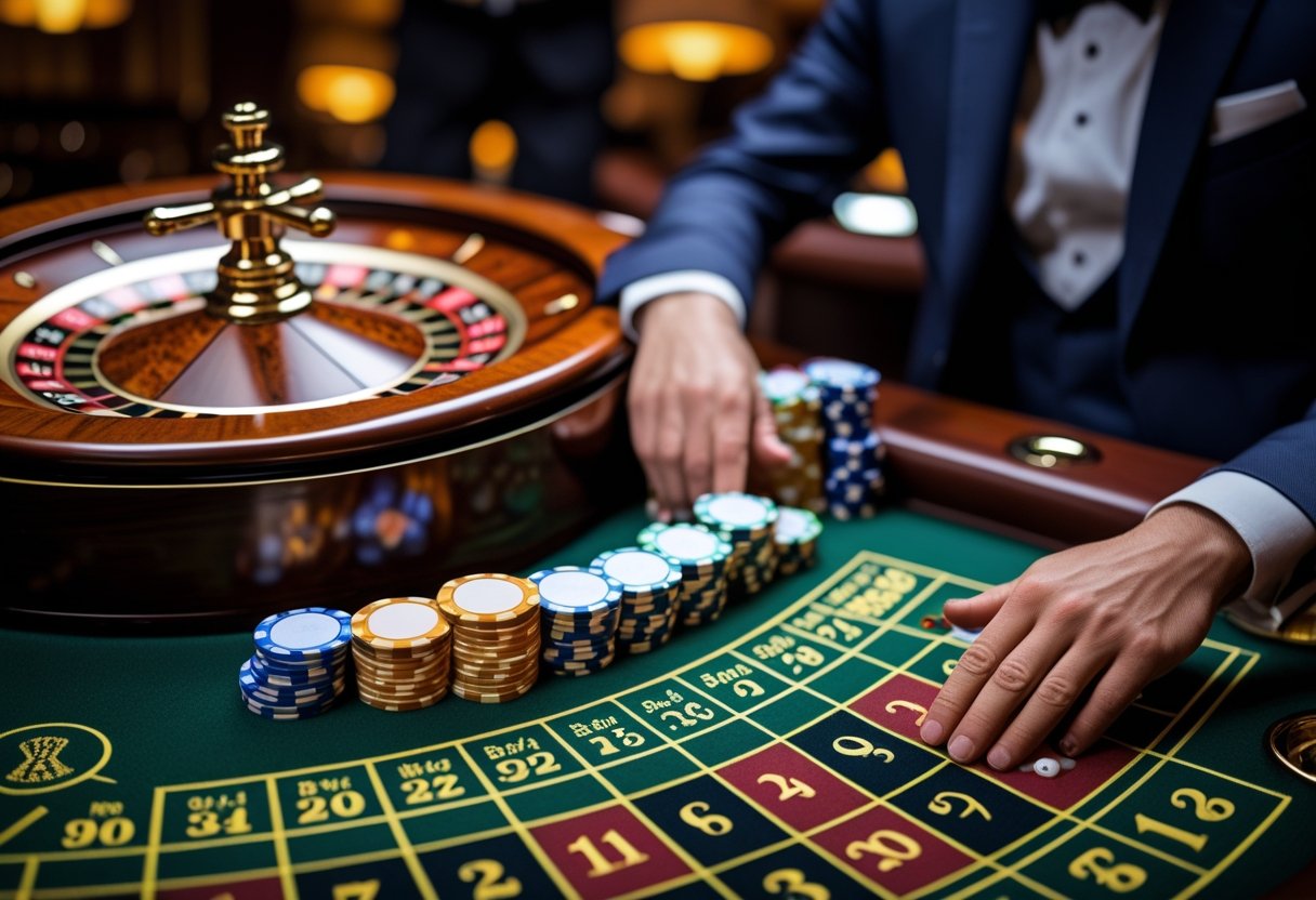 Close-up of a roulette wheel spinning with betting chips on a green felt table and a dealer in the background.