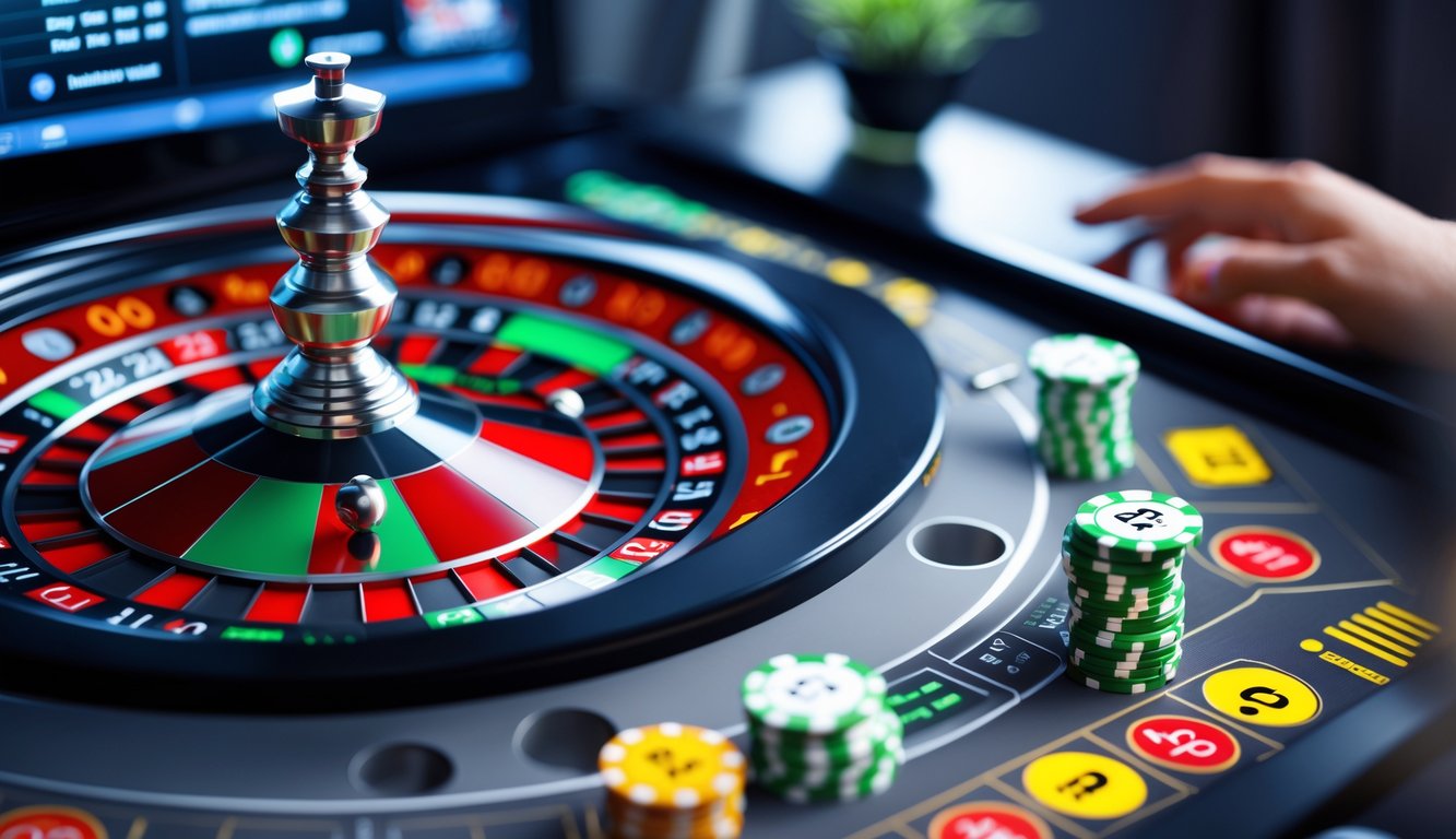 Tampilan layar komputer dengan permainan roulette online yang menampilkan roda roulette dan meja taruhan.