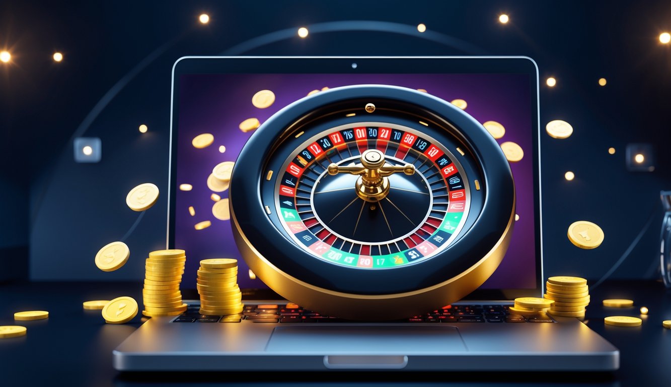Sebuah layar komputer menampilkan roda roulette digital dengan chip dan koin di sekitarnya dalam suasana permainan online.