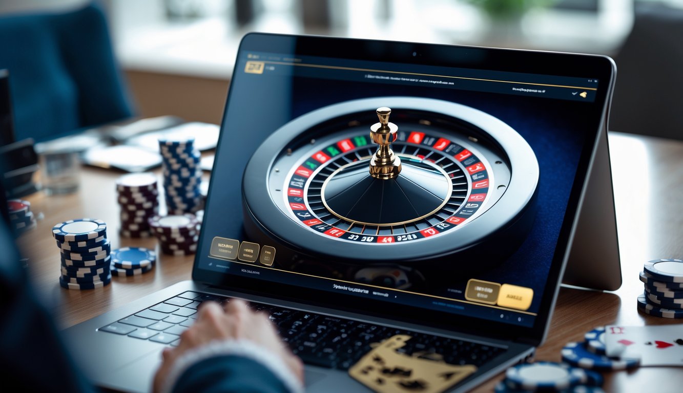 Sebuah meja kerja dengan komputer menampilkan permainan roulette online dan beberapa chip poker di sekitarnya.